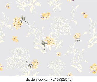 Spring flowers.Spring flowers. Purple,  pastel, romantic. Lily flowers, printed patterns on fabric and wallpaper.