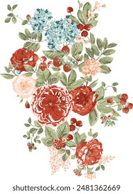 Spring flowers.Spring flowers. Purple, pink, blue, pastel, romantic. Rose flowers, printed patterns on fabric and wallpaper.