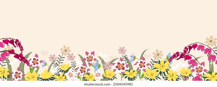 Spring Flower,Winter Aconite,Bleeding Heart,Columbine on Background,Horizontal banner floral pink, yellow, red blooming flower, leaves border frame.Vector illustration Summer botanical flat design