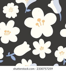 Spring flowery pattern. Dark Background. Sakura. Blossom. Seamless floral background for wrapping, textile, wallpaper. Vector flourish texture. 