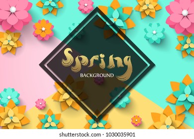 Spring flyer template with paper cut flowers with frame. Bright colorful geometric background. Fresh design for posters, flyers or vouchers. Vector illustration
