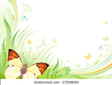Spring flying butterfly banner border. Ecological idea. Environment friendly vector illustration. Summer landscape. Green grass, grunge pattern. Springtime nature. Watercolor background design
