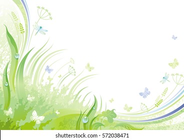 Spring flying butterfly banner border. Ecological idea. Environment friendly vector illustration. Summer landscape. Green grass, grunge pattern. Springtime nature. Watercolor background design