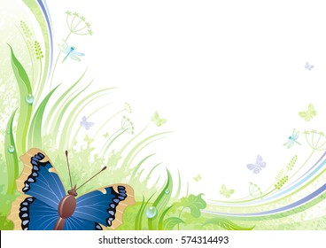 Spring flying butterfly banner border. Ecological idea. Environment friendly vector illustration. Summer landscape. Green grass, grunge pattern. Springtime nature. Watercolor background design