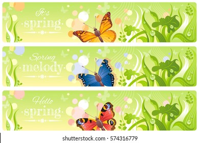 Spring flying butterfly banner set. Ecological border. Environment friendly vector illustration. Summer landscape. Grass, burdock leaf, sunny pattern. Springtime nature. Background text lettering logo