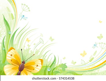 Spring flying cabbage butterfly banner border. Ecological idea. Environment friendly vector illustration. Summer landscape. Green grass, grunge pattern. Springtime nature. Watercolor background design