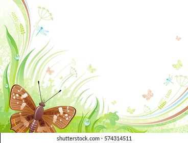 Spring flying moth butterfly banner border. Ecological idea. Environment friendly vector illustration. Summer landscape. Green grass, grunge pattern. Springtime nature. Watercolor background design
