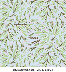 Spring foliage on blue background, vector illustration, seamless pattern. 