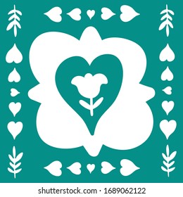 Spring folk doodle art. Square tile. Scandinavian floral style with traditional geometric shapes in festive green and white colors. Folklore cliparts elements for notebook, tile, napkins, postcard