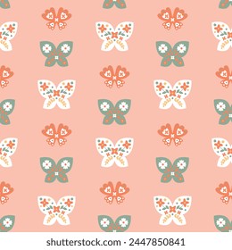 Spring folk seamless pattern with butterflies