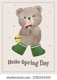 Spring Forager Bear Coquette Joyful holding Mushroom in Spring Garden Nature Theme illustration