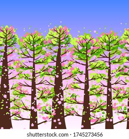 Spring forest background with stylized trees. Seasonal illustration.