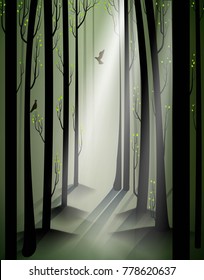 spring forest and birds, March in the forest, vector