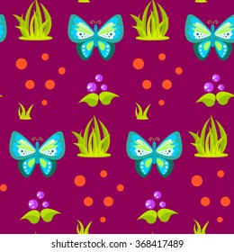 Spring forest blue butterfly seamless pattern. Cartoon purple plant background.