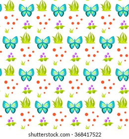 Spring forest butterfly and grass sheaf seamless pattern. Cartoon fungus white background.