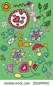 Spring forest cartoon doodle elements. Simple design.