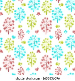 Spring forest. Colorful trees and bushes of red, light blue and lime green tones. Vector seamless pattern 