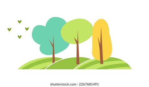 Spring forest concept. Colorful poster with tall trees and hills with green grass. Farm rustic fields with plants. Nature and environment. Cartoon flat vector illustration isolated on white background