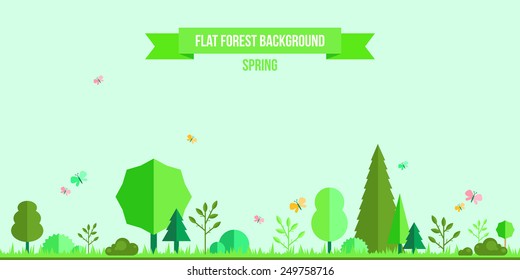 Spring forest flat background. Simple and cute landscape for your design