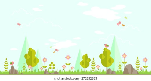 Spring forest flat panorama background. Simple and cute landscape for app, web, game design.