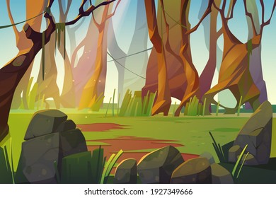 Spring forest glade with green grass. Scene of jungle, garden or natural park in daylight. Vector cartoon illustration of woods landscape with trees, lianas, stones and grass