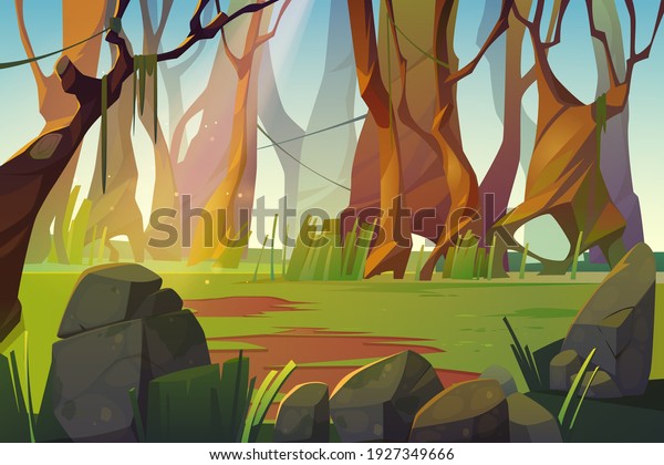 Spring forest glade\
with green grass. Scene of jungle, garden or natural park in\
daylight. Vector cartoon illustration of woods landscape with\
trees, lianas, stones and\
grass
