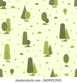 Spring forest with green foliage seamless pattern. Summer parkland landscape seamless background