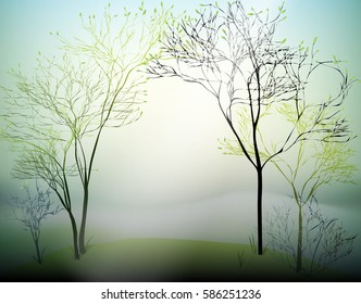  spring forest hill, March nature scene, spring morning, vector