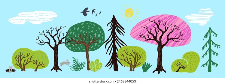 Ilustración del bosque de primavera, árboles dibujados a mano del estilo del collage, arbustos, conejitos, pájaros, sol, nube para el póster de la temporada, Anuncios, Fondos de pantalla, tarjeta, ilustración del libro de los niños. Decorativo, estilo simple