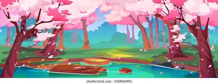 Bosque de primavera con cerezos japoneses y lago. Paisaje de parque con árboles sakura con pétalos rosados caídos, orilla de río o de estanque, hierba y arbustos verdes, ilustración vectorial de dibujos animados