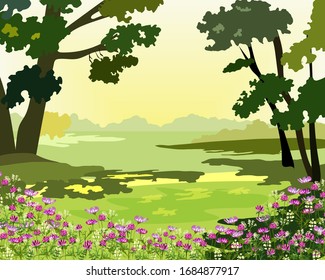 Spring forest landscape with clover flowers on a Sunny day