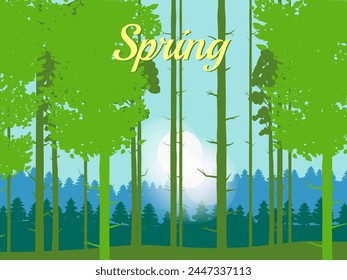 Paisaje de bosque de primavera, follaje verde, abril, mayo mes