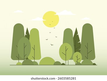 Spring Forest landscape with green foliage. Summer parkland landscape. Abstract rural country environment