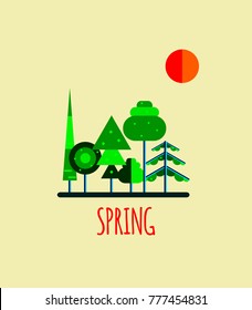Spring forest landscape. Green trees, spruce, sun. Vector illustration in flat style