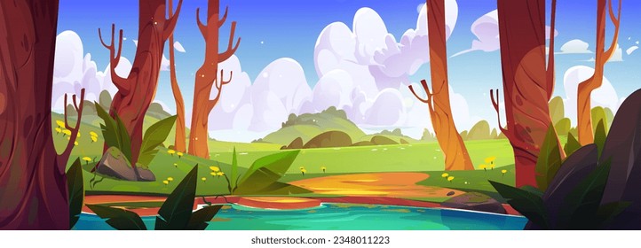 Spring forest landscape with lake and flowers. Vector cartoon illustration of beautiful green valley with bushes and hills, footpath running to small blue pond between old trees, sunny sky with clouds