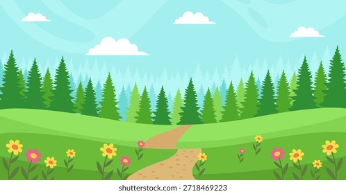 Fondo de pradera de bosque de primavera con hierba verde fresca, árboles y ambiente estacional brillante. Perfecto para temas de naturaleza, ilustraciones para niños, carteles, tarjetas de vacaciones de primavera, Anuncios, Diseño web y proyectos ecológicos