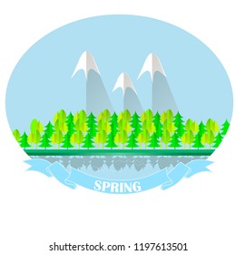 Spring forest and mountain landscape typography banner. Blue sky, green trees reflected in the water. Flat design, beautiful stock vector illustration for web, for print