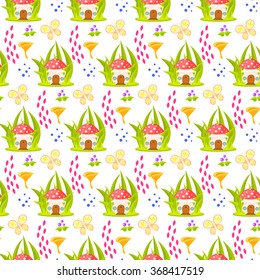 Spring forest mushroom home seamless pattern. Cartoon fungus white background.