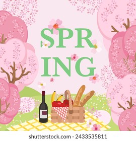 Spring forest picnic, Spring travel. Spring landscape mountains and cherry trees fallen with pink flowers. 