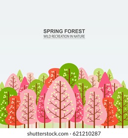 Spring forest with pink, red and green trees. Camping