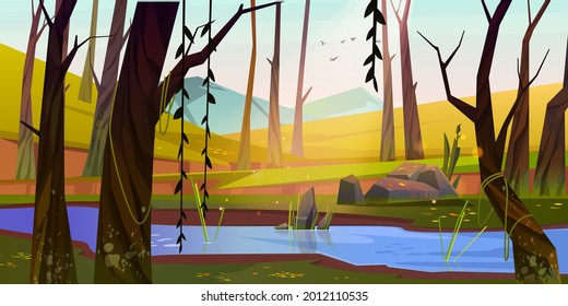 Spring forest with river and mountains at sunset