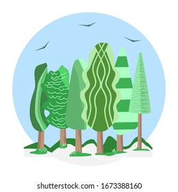 Spring forest in a round frame, postcard, vector illustration