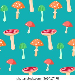 Spring forest russule mushroom seamless pattern. Cartoon amanita fungus turquoise background.