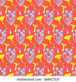 Spring forest toadstool mushroom seamless pattern. Cartoon coral red fungus background.