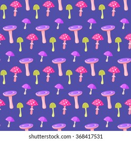 Spring forest toxic mushroom seamless pattern. Cartoon poison fungus violet background.