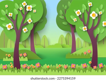 Spring forest with tree and flowers in blossom vector illustration. Woodland natural paper cut origami style. Idyllic landscape, panoramic countryside landscape with wildflowers fields concept