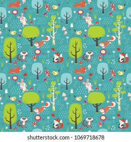 Spring Forest Trees with Animals: Raccoon, Fox, Squirrel, Bird, Bear and Rabbit with Flowers, Mushrooms and Butterflies Seamless Pattern Vector Illustration