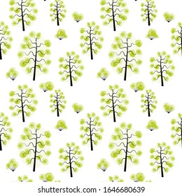 Spring forest. Trees and bushes with yellow-green leaves. Vector seamless pattern 