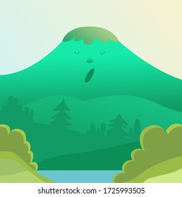Spring forest wakes up. Vector landscape of mountains and trees with a lake.