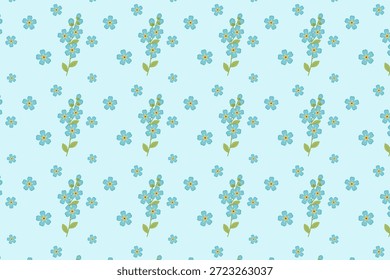 La primavera me olvida el patrón inconsútil de las flores, muestra disponible en el panel de las muestras, con las flores azules y las hojas verdes en el fondo azul pastel claro